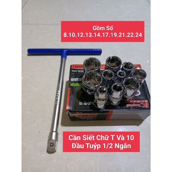 Combo Cần Siết Chữ T Và 10 Đầu Tuýp 1/2 KAPUSI  NHẬT