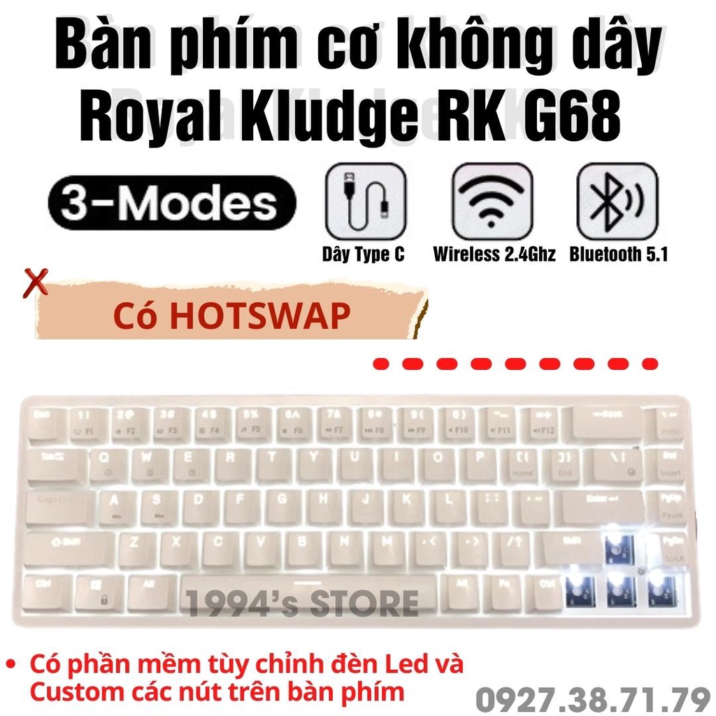 Bàn phím cơ không dây RK G68 Bluetooth 5.1 - Wireless 2.4G - Hotswap - Cable Type C - Led RGB có phần mềm tuỳ chỉnh