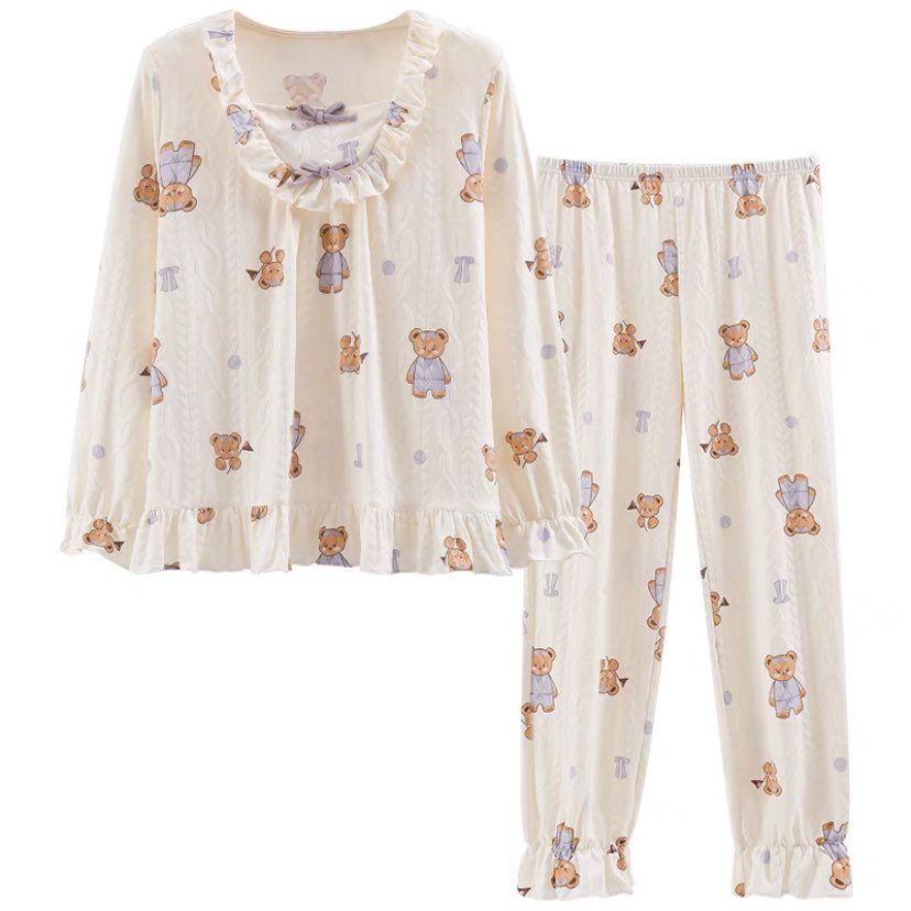 Bộ Mặc Nhà Pyjama Cotton Cổ Bèo Nơ Bo Gấu Mới