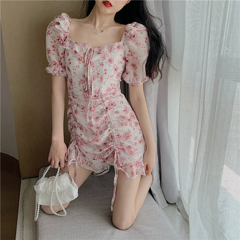 (HÀNG QUẢNG CHÂU) Đầm Hoa Nhí Ulzzang Sexy Cổ Vuông - Váy Nữ Body Dự Tiệc