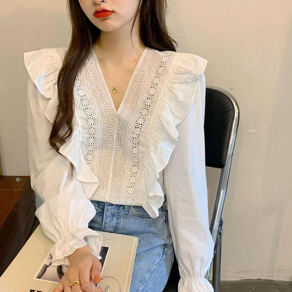 Áo Kiểu Nữ V-neck Lace Shirt Ruffle Temperament Long Sleeve Top