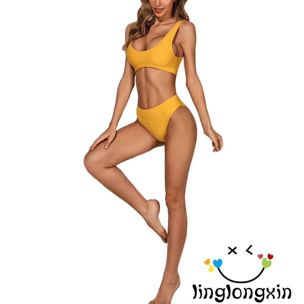 ♛♚♛Women Fashion High Waist Solid Color Split Shoulders Swimsuit Set | BigBuy360 - bigbuy360.vn