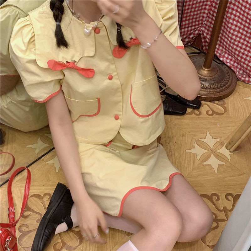 Set áo sơ mi cổ búp bê đính nơ + chân váy lưng cao dáng ôm thời trang mùa hè Nhật Bản dễ thương cho nữ có bán lẻ