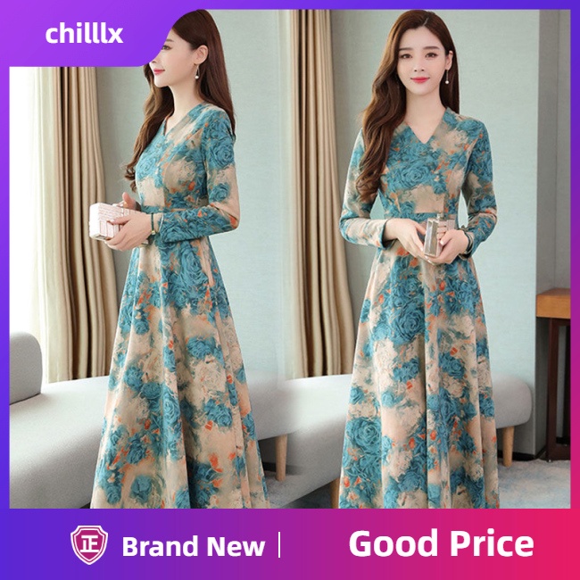 Đầm Dài Tay Cổ Chữ V In Hoa Thời Trang Mùa Thu Đông Dành Cho Nữ
