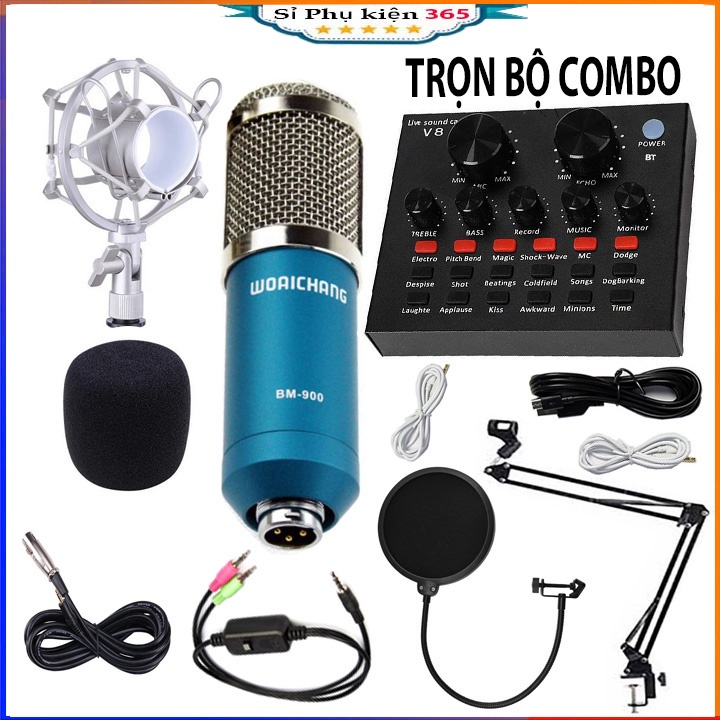 Combo SoundCard V8, giá đỡ, màn lọc âm, dây livestream và bộ mic thu âm BM900