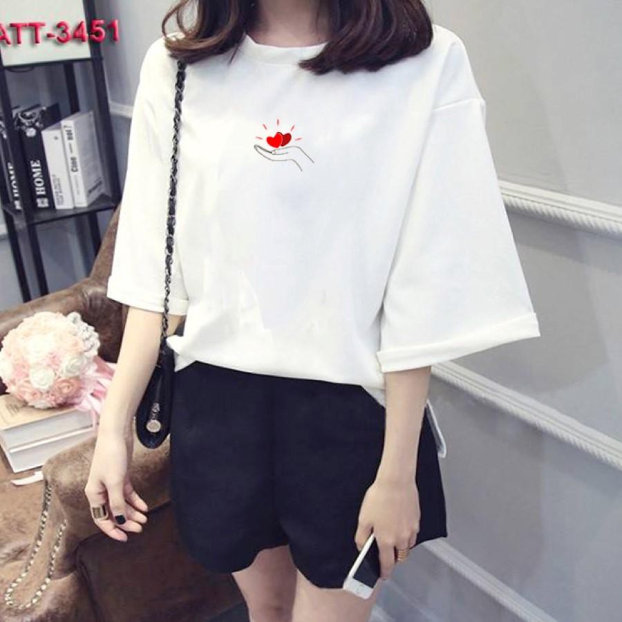 Áo thun nữ tay lỡ Hàn Quốc form rộng in hình nâng tim vài dày mịn TEEWOTL11