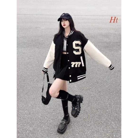 Áo khoác bomber phối tay trắng S M Ht