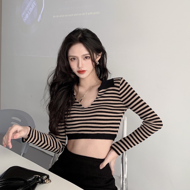 Áo thun polo dệt kim tay dài dáng ôm kẻ sọc thiết kế quyến rũ | BigBuy360 - bigbuy360.vn