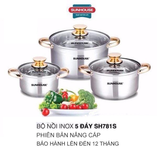 Bộ Nồi sunhouse inox 3 cái dáy dầy 5 lớp cao cấp dùng cho cả bếp từ SH781 (sezi 16,20,24cm)