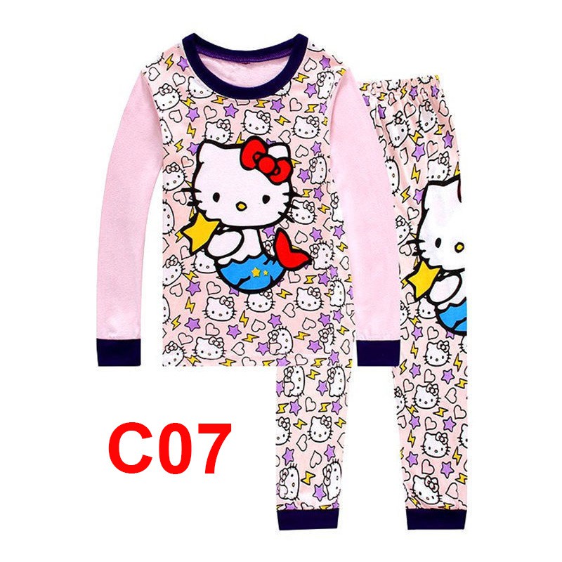 Bộ Đồ Ngủ 2 Món Áo Tay Dài + Quần Dài Vải Cotton In Hoạt Hình Hello Kitty Dễ Thương Cho Bé Gái