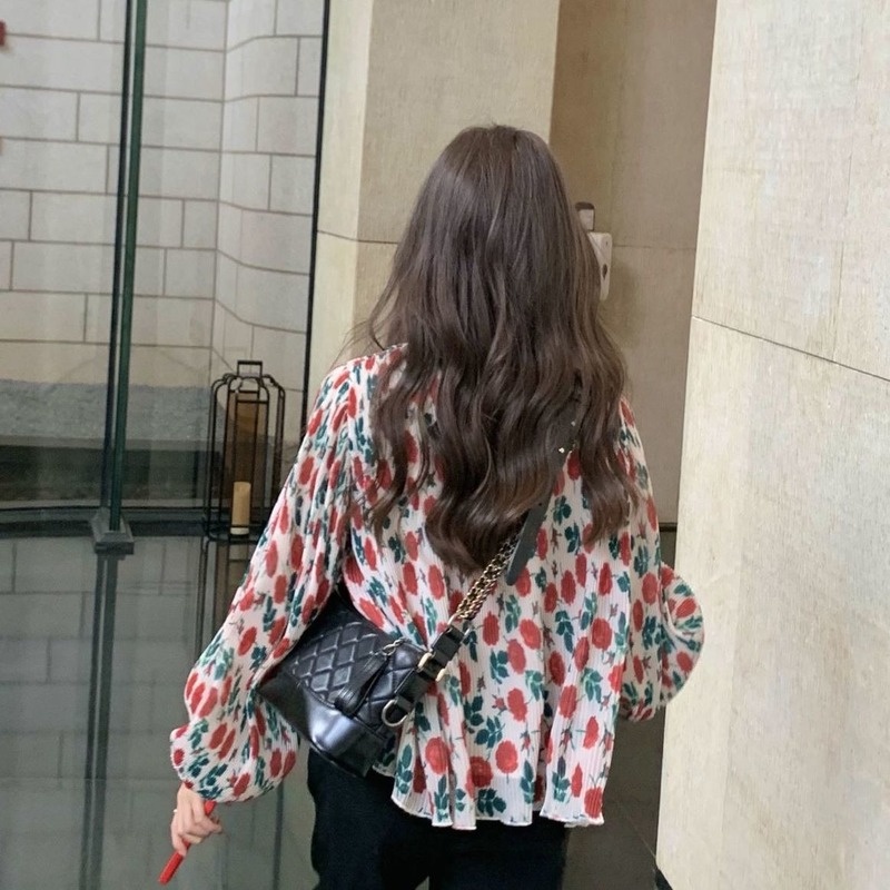 Áo Sơ Mi Hoa Tay Dài Phồng Xếp Ly Phong Cách Pháp Dành Cho Nữ