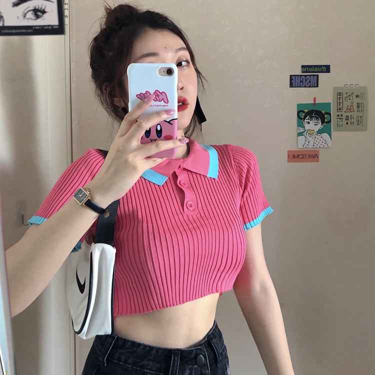 Áo croptop dệt kim tay ngắn cổ polo phối màu sắc đơn giản dễ phối đồ | BigBuy360 - bigbuy360.vn