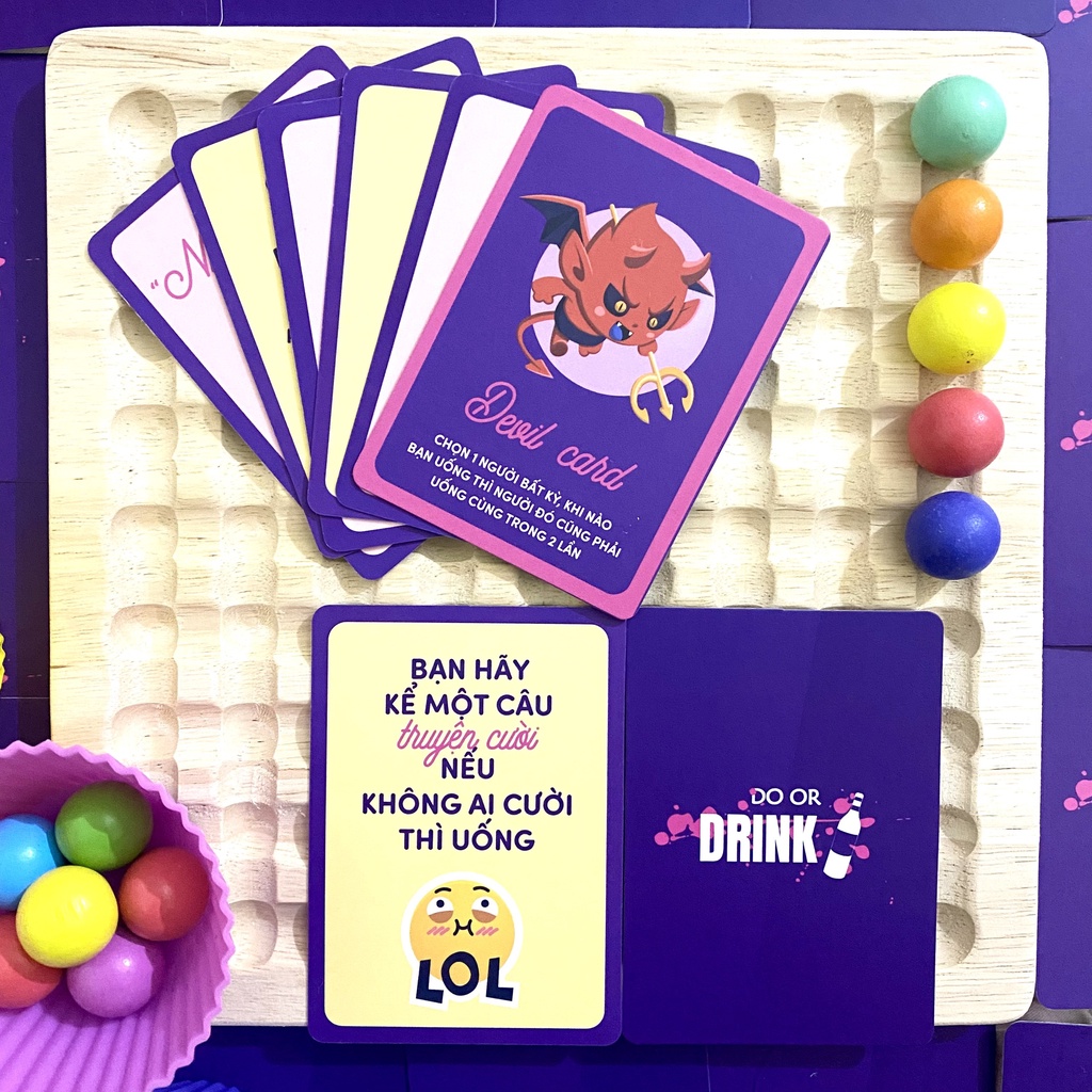 Bộ bài drinking game thử thách huệ nốc out thẻ board game cho nhóm cặp đôi vui vẻ tím Deme