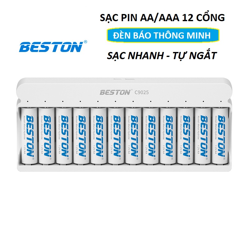 Bộ Sạc pin 12 khe AA AAA Beston C9025 sạc nhanh, tự ngắt khi đầy, đèn LED báo thông minh, dùng cho micro ,remote,đồ chơi