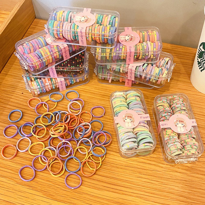 Hộp 60 Dây Buộc Tóc Cao Su Co Giãn Màu Kẹo Dễ Thương Phong Cách Hàn Quốc Dành Cho Bé Gái
