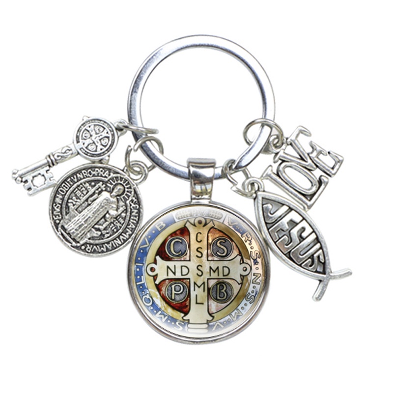 Saint Benedict Medallion Móc Chìa Khóa Thủ Công Mặt Kính In Hình Chúa JESUS Nghệ Thuật Làm Quà Tặng