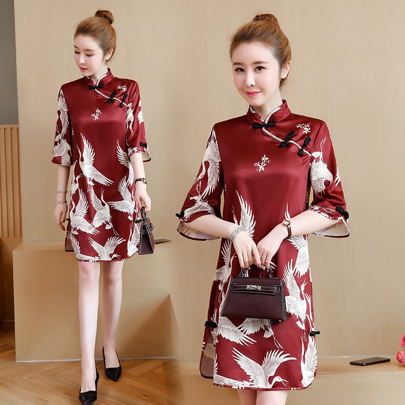 HN5772 ĐẦM SUÔNG CỔ NÚT TÀU TAY LỠ XẺ LAI HỌA TIẾT CHIM HẠT SANG TRỌNG CÓ SIZE LỚN XXX