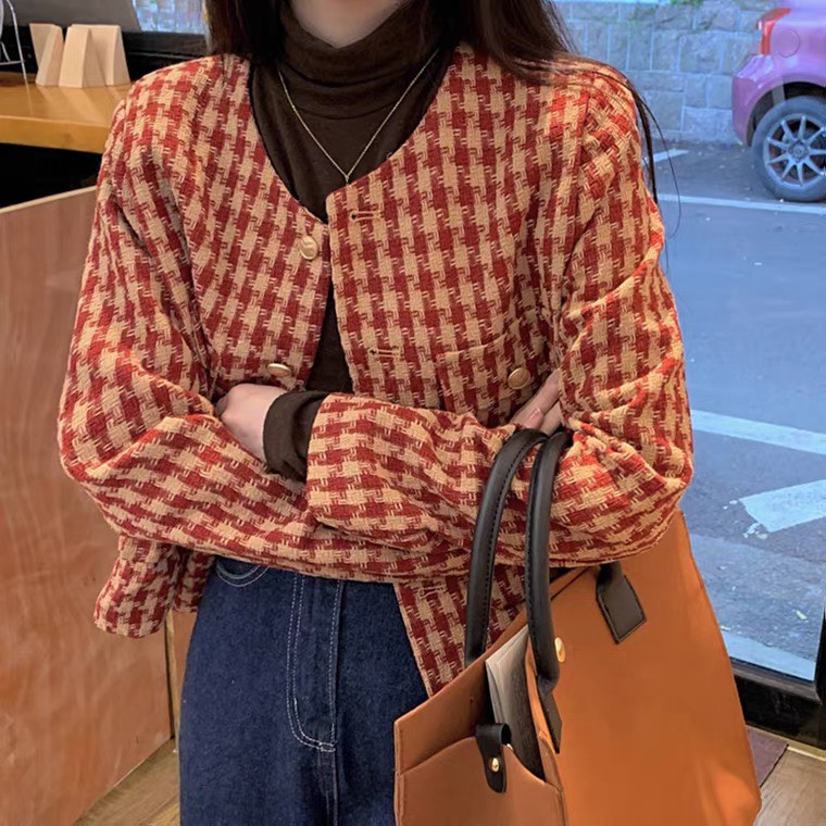 Áo khoác dạ tweed đỏ đen dáng ngắn họa tiết răng sói phối cúc (có ảnh thật)