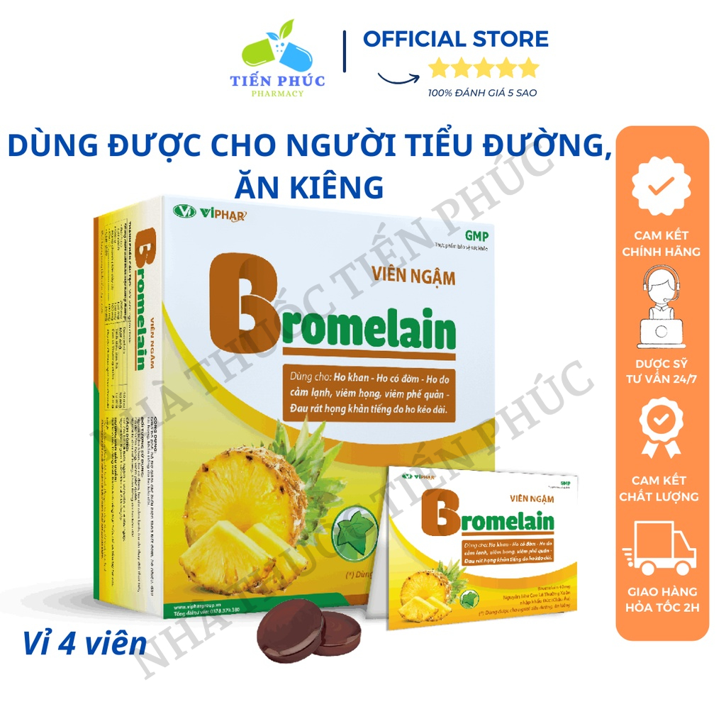 Viên ngậm Bromelain (Ngậm ho quả dứa) - Giúp giảm ho, đau rát họng, khàn tiếng dùng được cho người bị tiểu đường Vỉ 4v