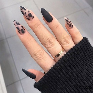 ❤No Nova Almond Móng Tay Giả Mờ In Họa Tiết Da Báo Màu Đen Và Giọt Nước
