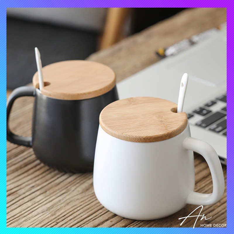 Cốc gốm sứ cafe cà phê uống nước nắp tre thìa sứ 350ml