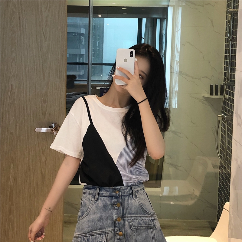 SUXI Áo thun kẻ sọc cổ tròn tay ngắn