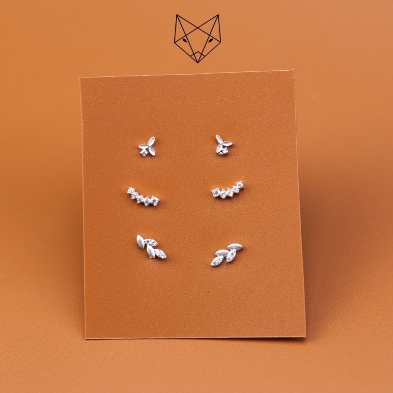 Set Combo Bộ 3 Đôi Khuyên Tai Bạc Ta Basic CaoBac Silver Đính Đá Lấp Lánh Thanh Lịch Nhỏ Xinh Hợp Đeo Lỗ Tai Trên