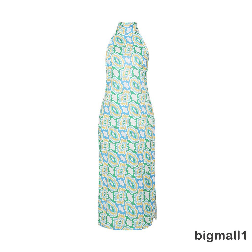 Bigmall-đầm Maxi Cổ Đứng Mỏng Mùa Hè Họa Tiết In Xẻ Tà Màu Xanh Lá Cây (Một Mảnh)