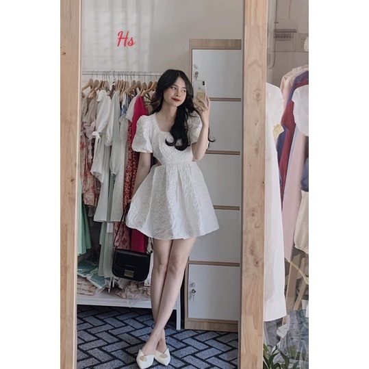 Váy xốp cổ ren khoét eo HS6