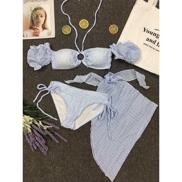 [ CHẤT THUN XỐP+ HÀNG CAO CẤP] Đồ bơi nữ, bikini 3 món phối khoen trễ vai dễ thương