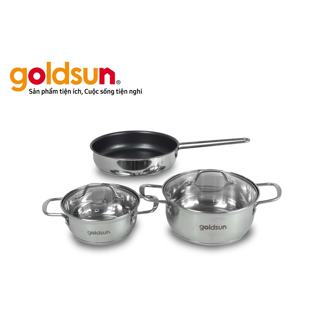 Bộ nồi chảo Inox 3 đáy Goldsun GPS1790, bộ nồi vung kính cường lực size 16cm,20cm, chảo 20cm - CÓ BÁN LẺ