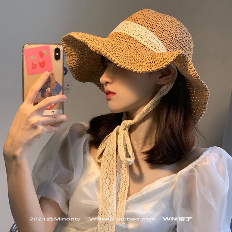 Mũ Cói Đi Biển vành rộng chống nắng vintage LUHAZO Tiểu Thư Mẫu Mới thắt nơ Quảng Châu K3t5