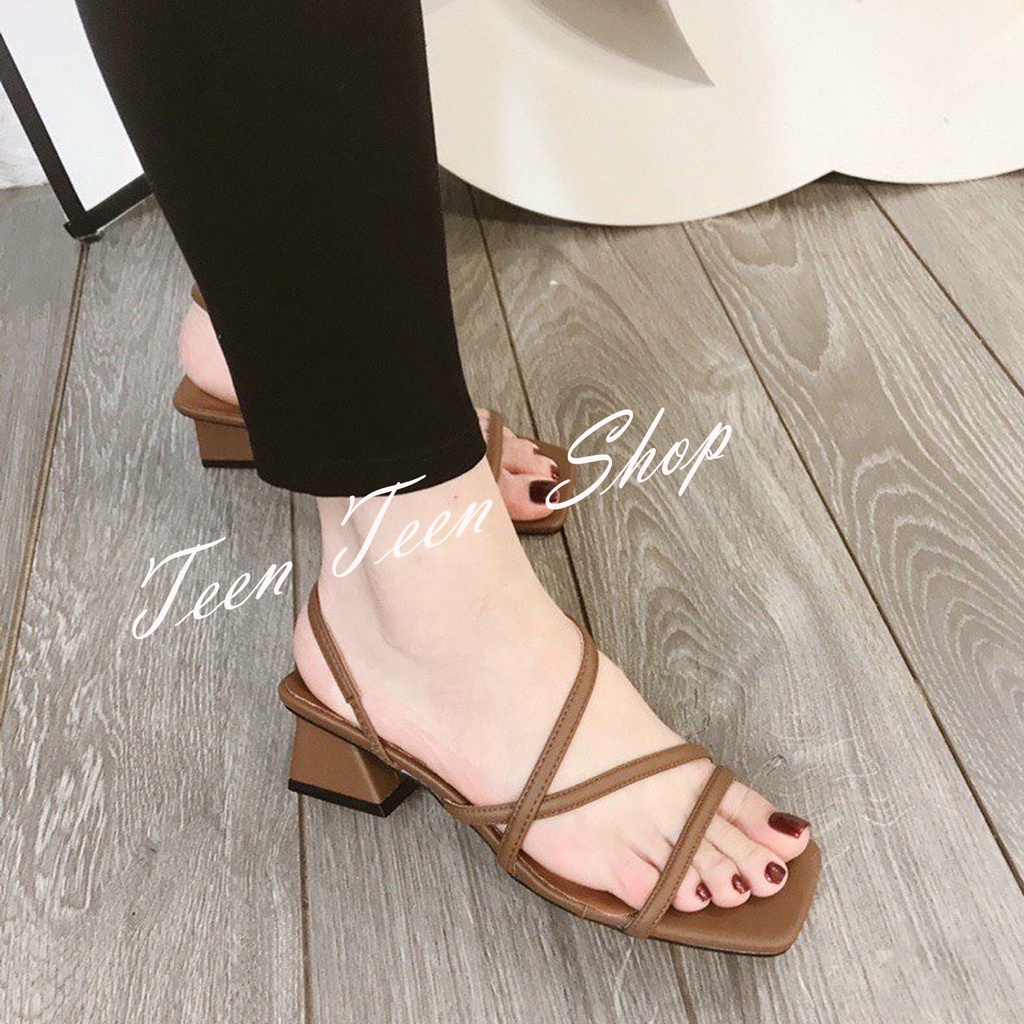 Sandal nữ cao gót mũi vuông phối dây quai mảnh cao 4cm, Teen Teen Shop.