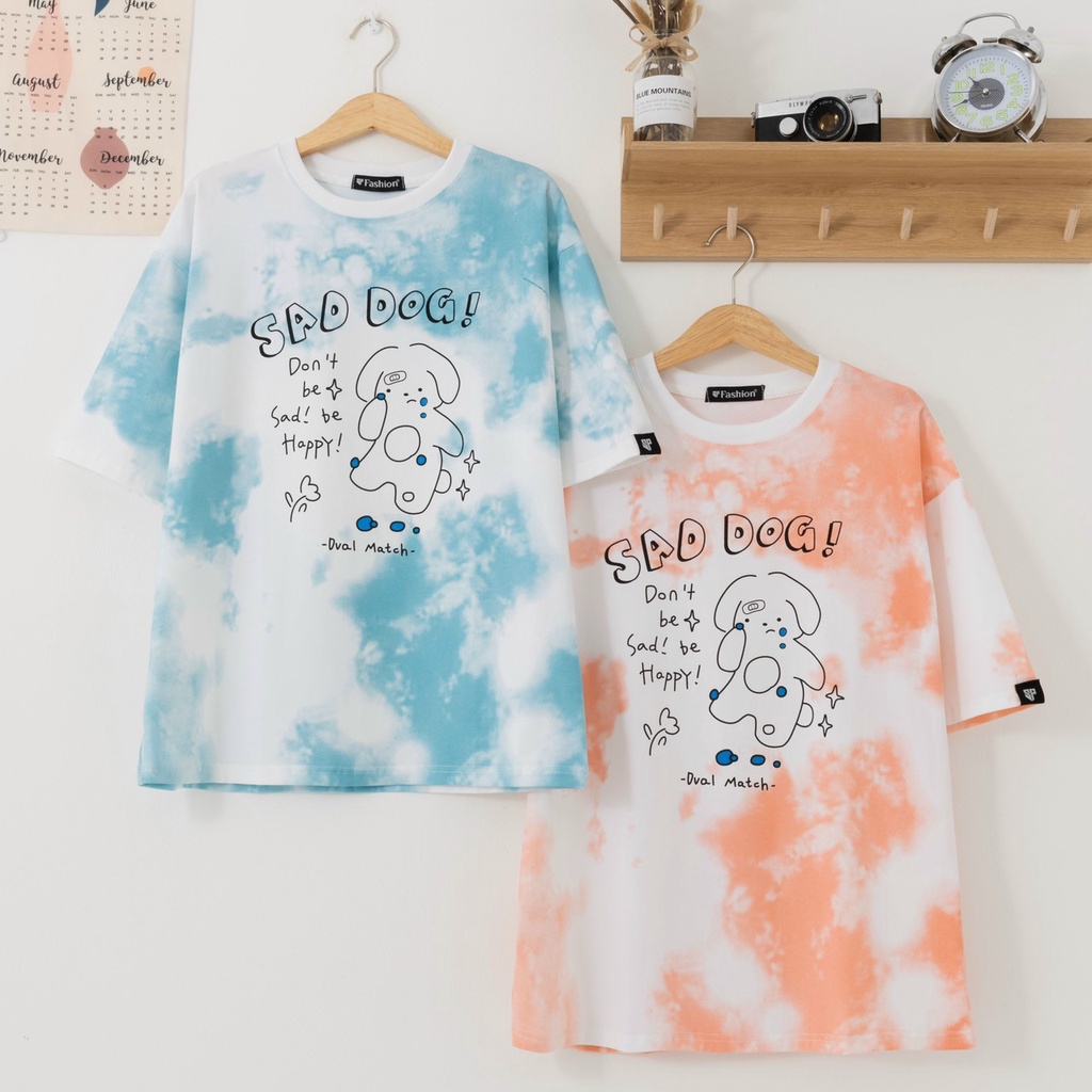 Áo thun tay lỡ Nam - Nữ from rộng cotton in hình CÚN con dễ thương màu loang, chữ SAD DOG!