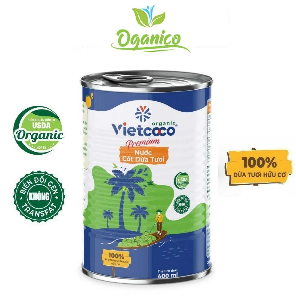 Nước cốt dừa Hữu cơ Vietcoco đóng hộp lon dung tích 400 ml ăn Keto, ăn chè, kho thịt - Organic Coconut Cream [ NCDV ]