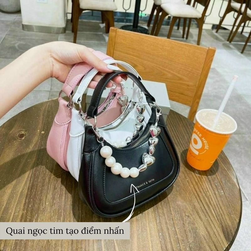 Túi xách nữ đeo chéo dây ngọc tim quai xách kèm dây da mẫu mới 3 màu sang choảnh jumito