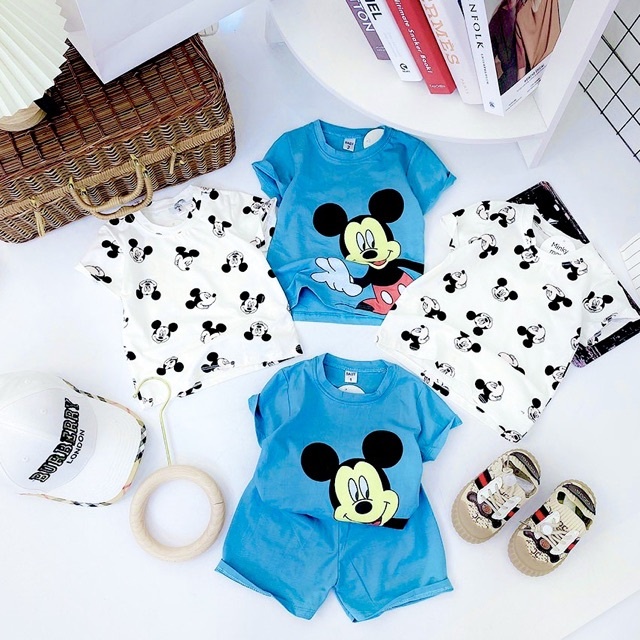 Bộ Quần Áo Cộc Tay MinkyMom Vải Cao Cấp In Hình Micky Trắng Xanh Cho Bé Từ 8-20kg Mac CT07