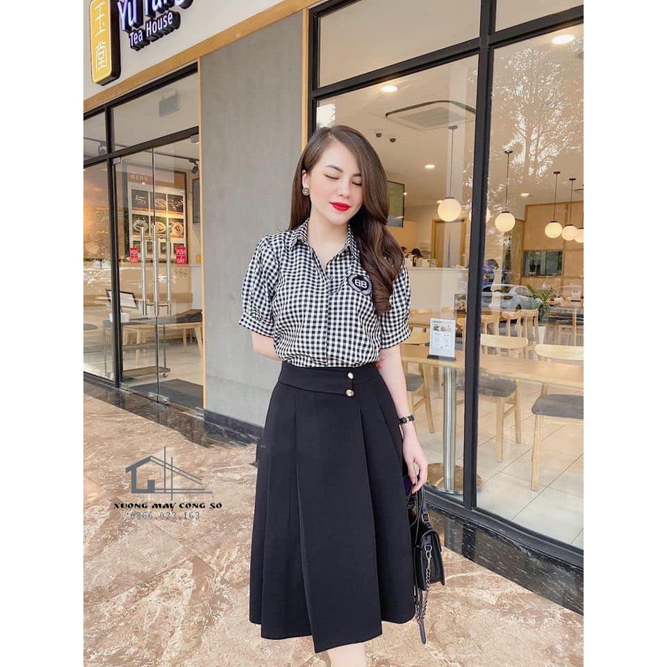 Chân váy công sở dáng xòe dài qua gối - Phối 2 cúc xếp ly - 2 màu Nâu Đen | BigBuy360 - bigbuy360.vn