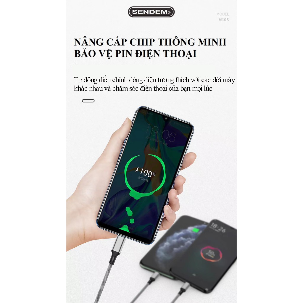 Cáp sạc 3 đầu M10s chính hãng SENDEM - Dây sạc 3 chân iPhone, Micro, Type C siêu bền - Bảo hành 12 tháng