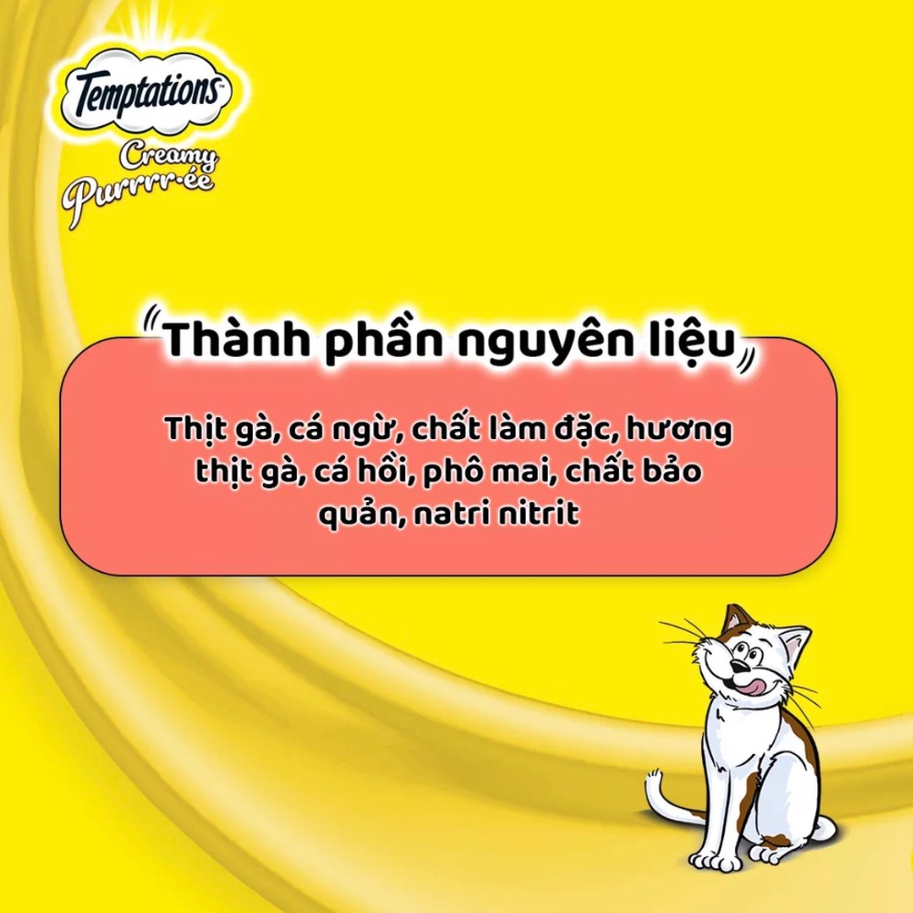 TEMPTATIONS Súp thưởng - Creamy Purrrr-ée cho mèo lớn vị cá hồi và phô mai, 48g. Sốt thưởng làm từ thịt cá thật