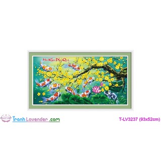 [T-LV3237]Tranh thêu chữ thập Con cá Mai Khai Phú Quý (93x52cm)