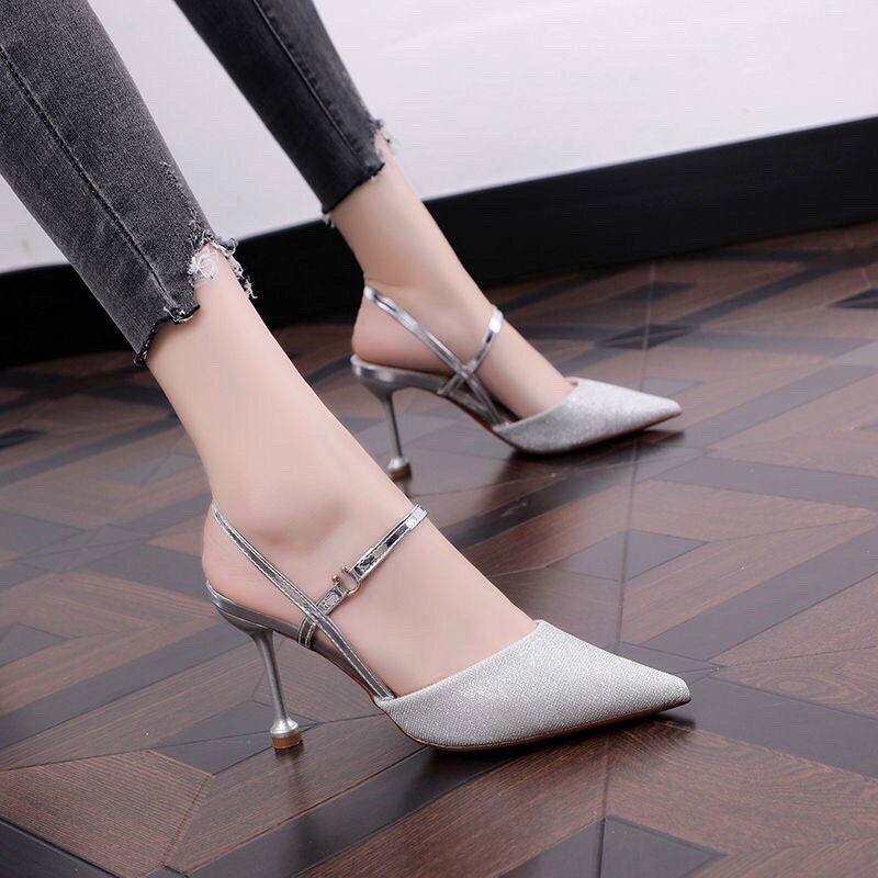 FREESHIP Giày cao gót nữ bít mũi da kim tuyến gót 7p siêu hot M17