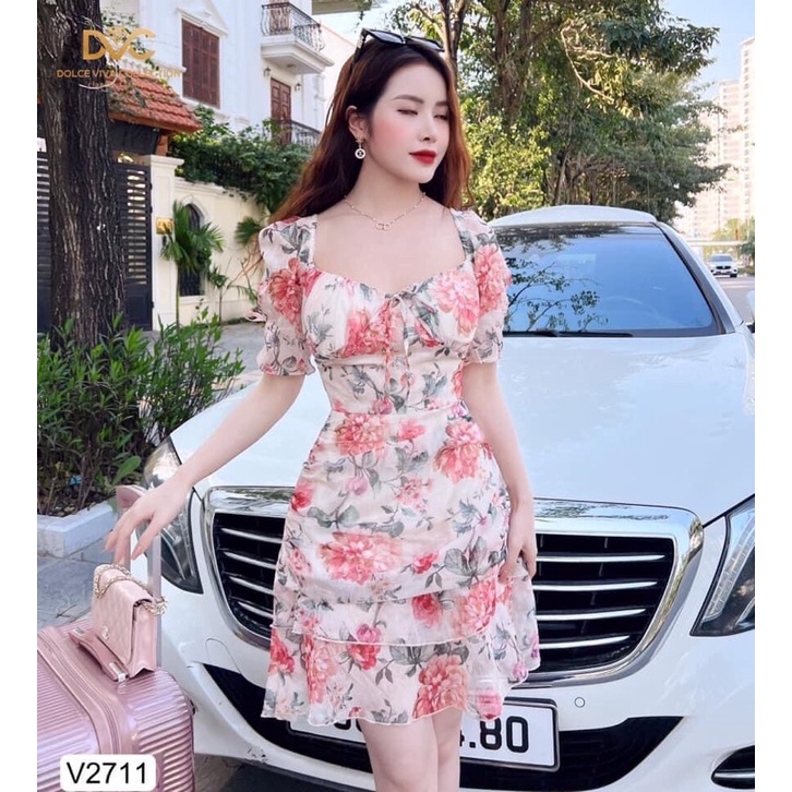 V2711 váy voan hoa màu cam