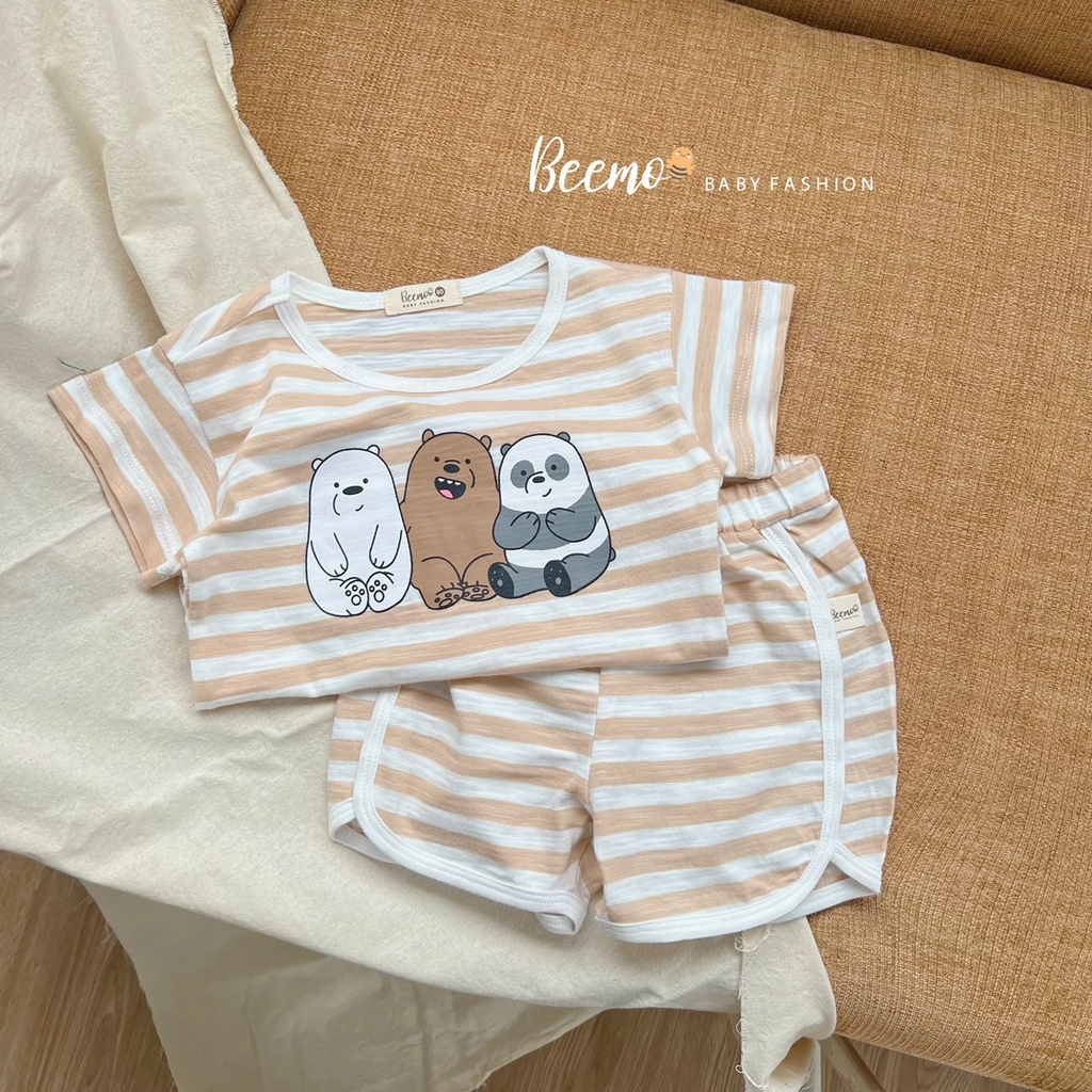 Bộ cotton unisex cho bé hoạ tiết gấu, bộ thun cộc tay mềm mát quần đùi Beemo