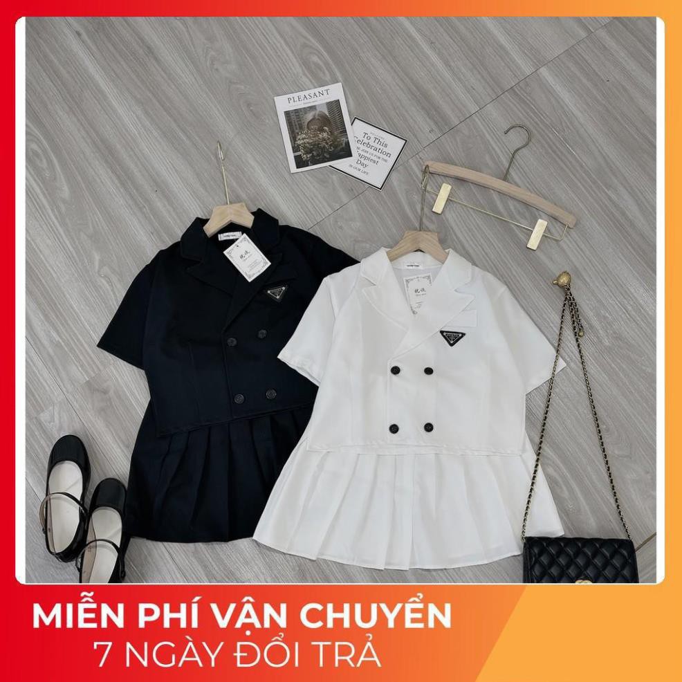 [ 𝐅𝐑𝐄𝐄 𝐒𝐇𝐈𝐏 ] Set Vest Croptop 2 Hàng Cúc Mix Chân Váy Xếp Ly