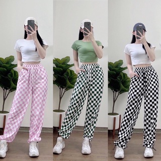 Combo áo croptop trơn body + quần suông dây rút caro - Set croptop + long pant 3D