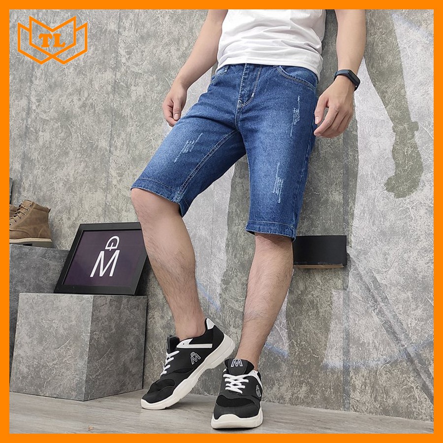 Quần short jean nam TL37 màu xanh đậm cào xước Shop Thành Long chuyên quần ngố nam