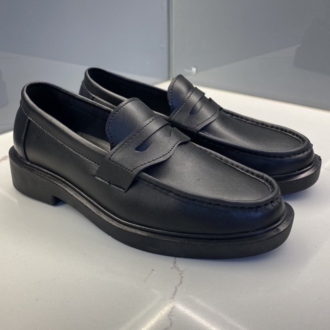 Penny Loafer Đen da bò đế cao, giày loafer đế 4cm