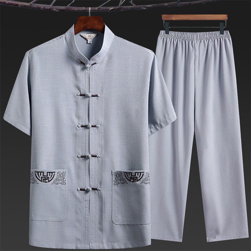 👍 Bộ Quần Áo Tay Lửng Bằng Cotton Lanh Phong Cách Trung Hoa Dành Cho Nam Trung Niên ❤