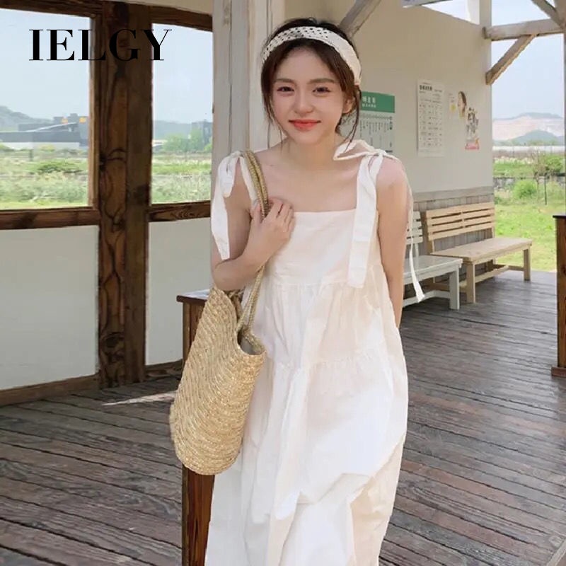 Đầm hai dây IELGY dáng dài cổ vuông đính nơ dễ thương thời trang mùa hè cho nữ